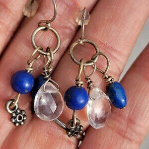 Vintage handmade 925 sterling silver lapis lazuli crystal and flower earrings